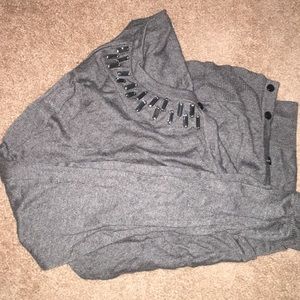 Grey cardigan, bejeweled neckline